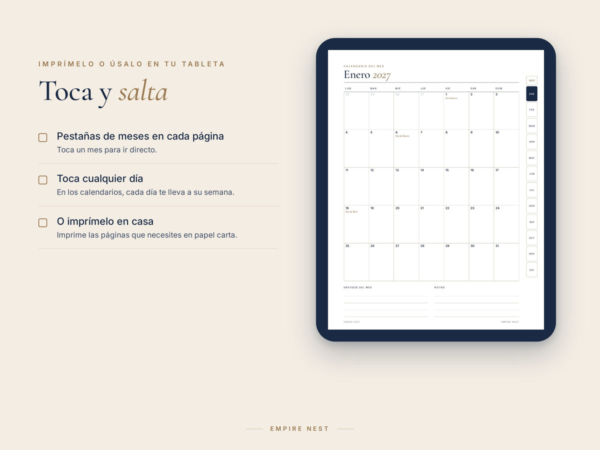 El calendario del Planificador 2027 en una tableta, con las pestañas de los meses