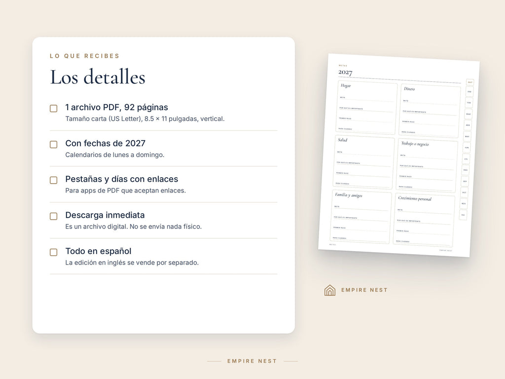 Detalles del Planificador 2027: 1 archivo PDF, 92 páginas, tamaño carta, con enlaces, descarga inmediata