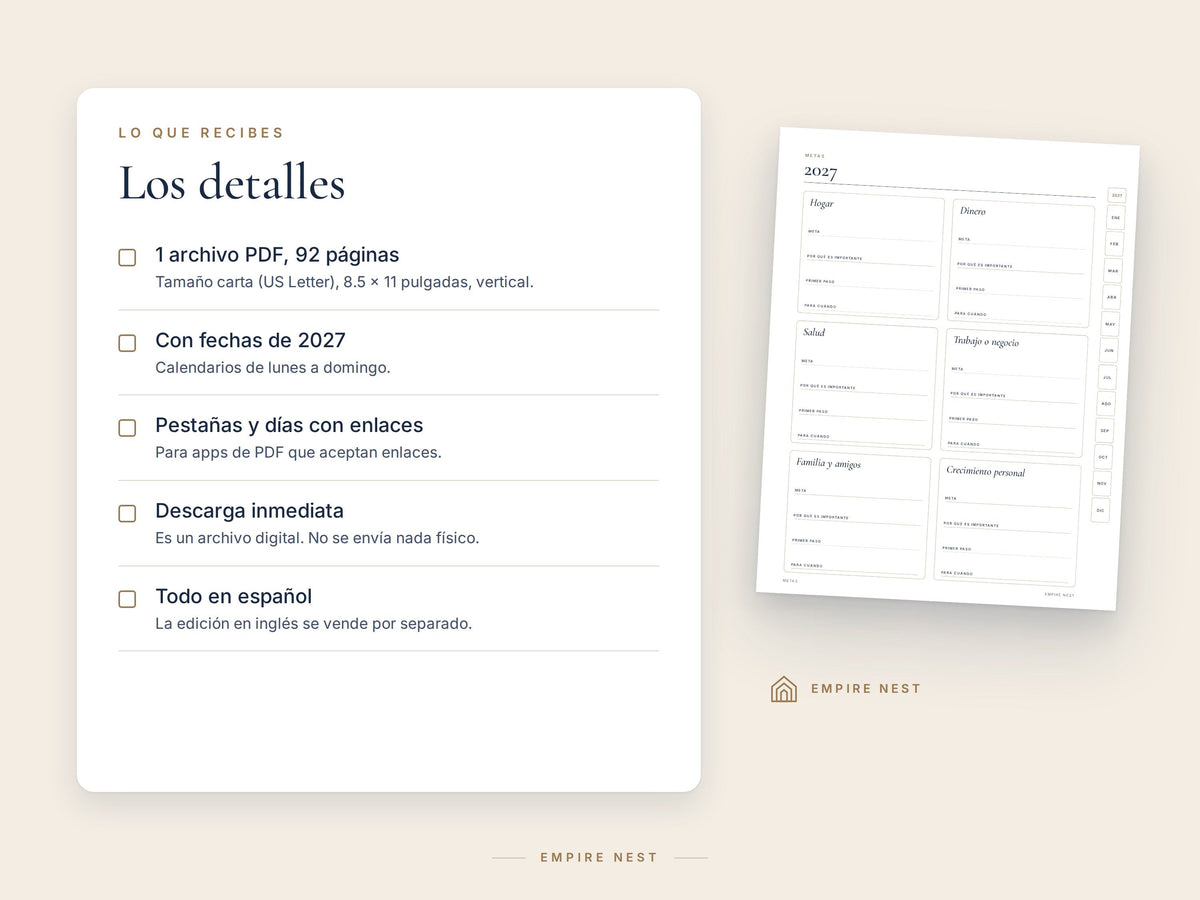 Detalles del Planificador 2027: 1 archivo PDF, 92 páginas, tamaño carta, con enlaces, descarga inmediata