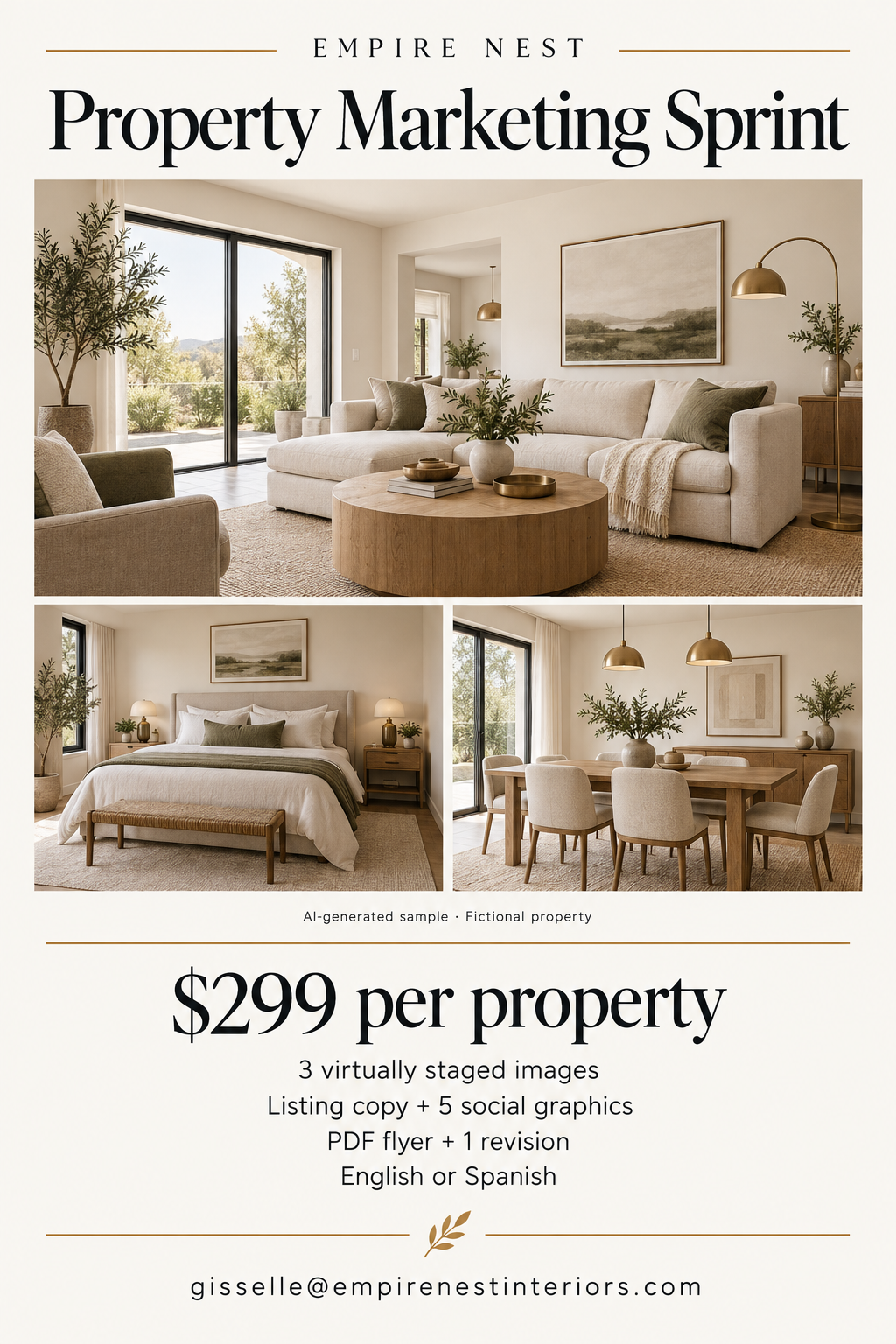 Empire Nest Property Marketing Sprint, $299 per property. AI-generated sample of a fictional property.