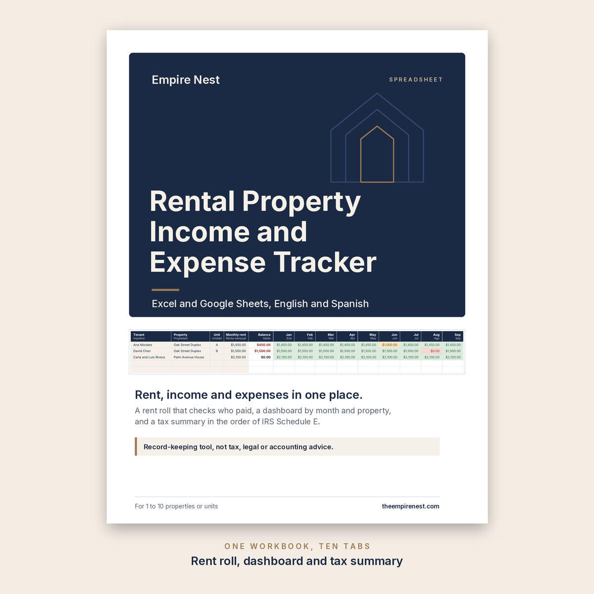 Rental Property Income and Expense Tracker cover, Excel and Google Sheets, English and Spanish, by Empire Nest