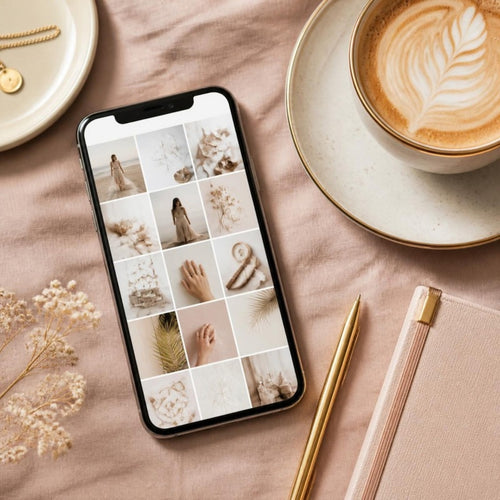 Phone showing a branded social media grid, 30-Day Social Media Machine