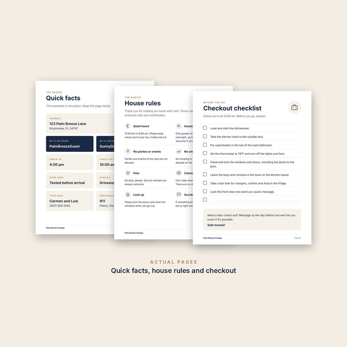 Actual pages from the filled example: quick facts, house rules and checkout checklist for a sample home