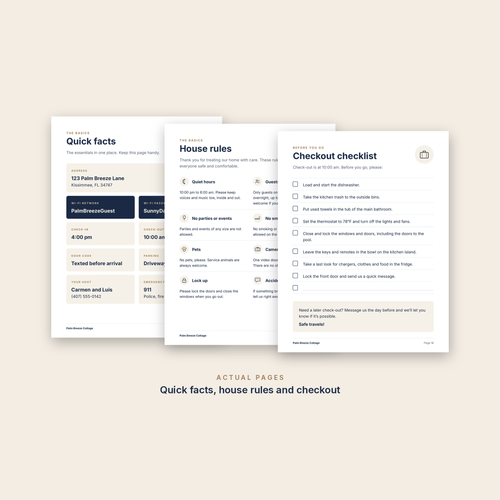 Actual pages from the filled example: quick facts, house rules and checkout checklist for a sample home