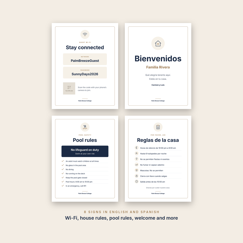 Actual signs with sample text: Wi-Fi and pool rules in English, welcome and house rules in Spanish