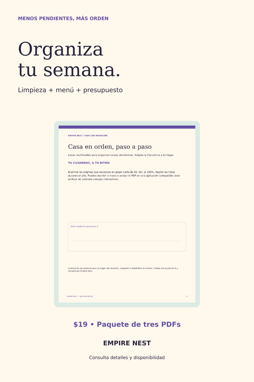Hogar organizado — Limpieza, menú y presupuesto — vista previa