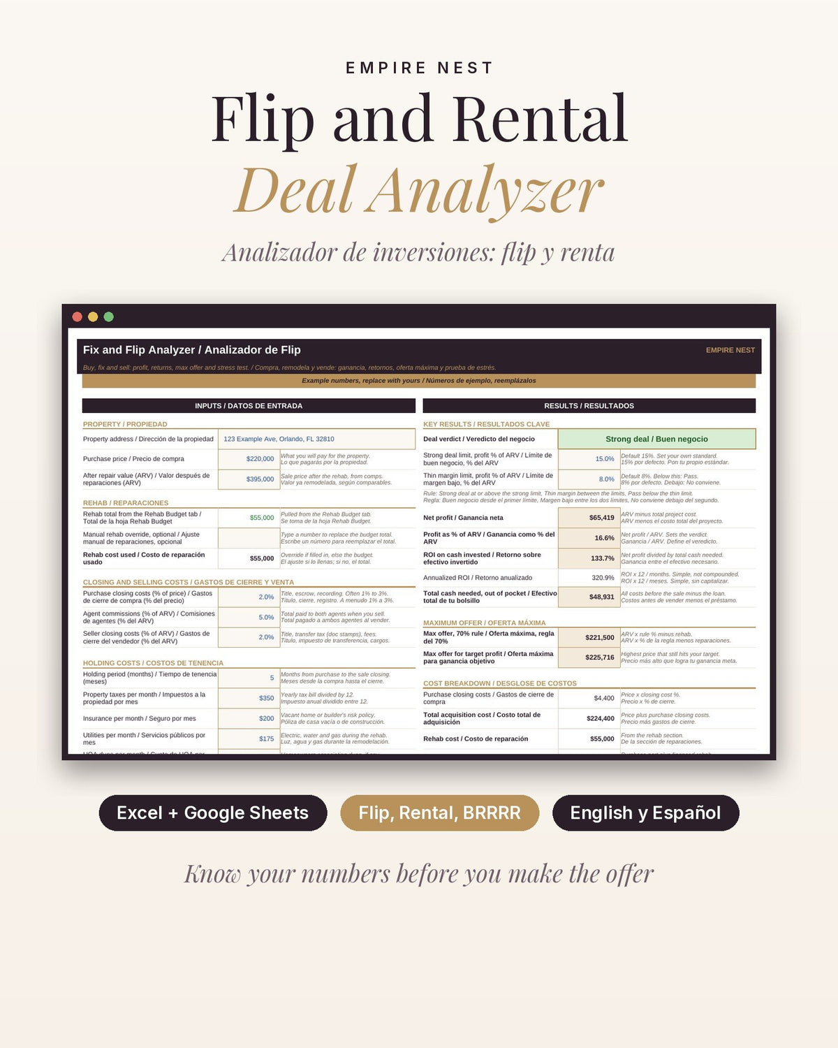 Flip and Rental Deal Analyzer spreadsheet for Excel and Google Sheets